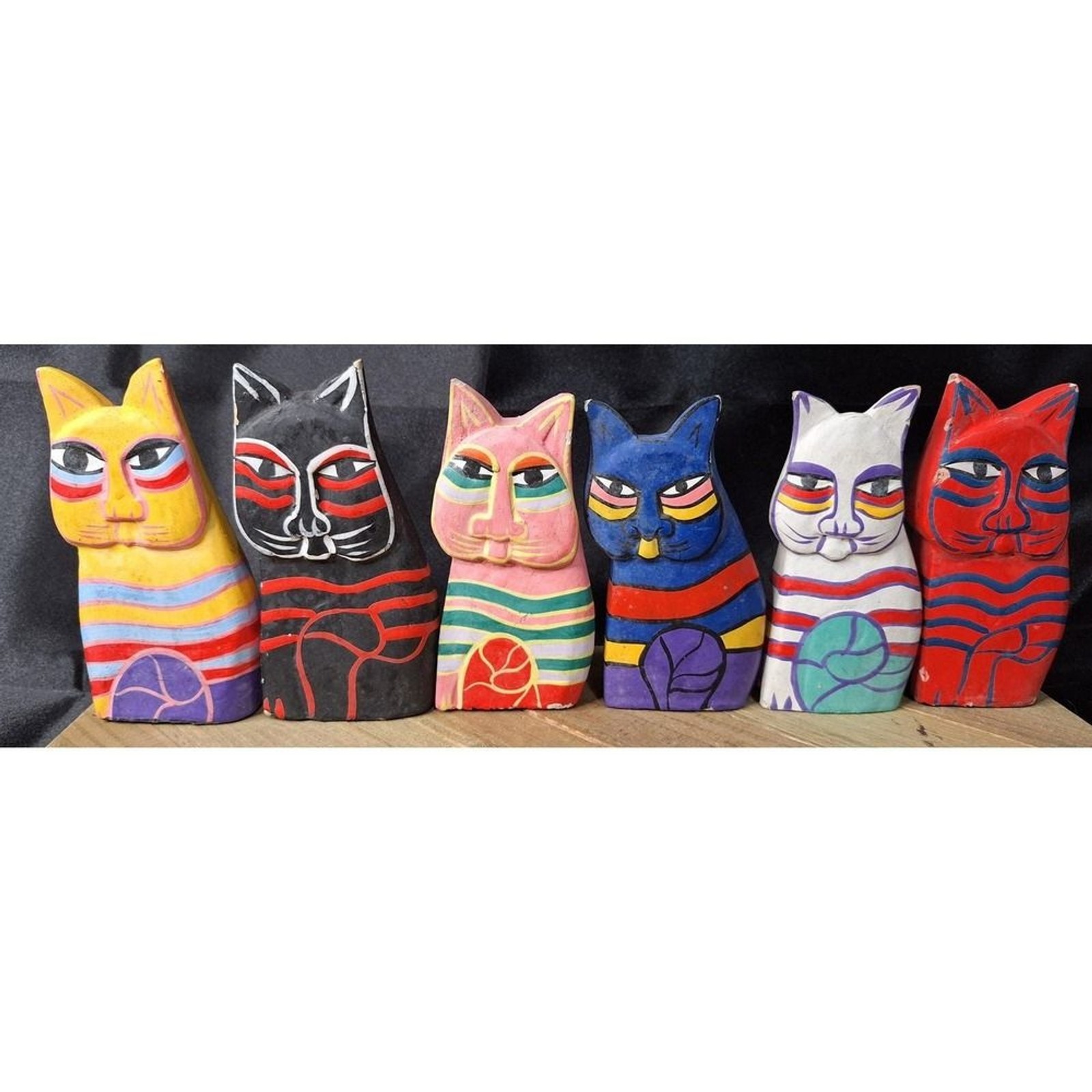Vintage Laurel‎ Burch Style Cat Lot Hand Painted Wooden Cat Figurines Set of 6