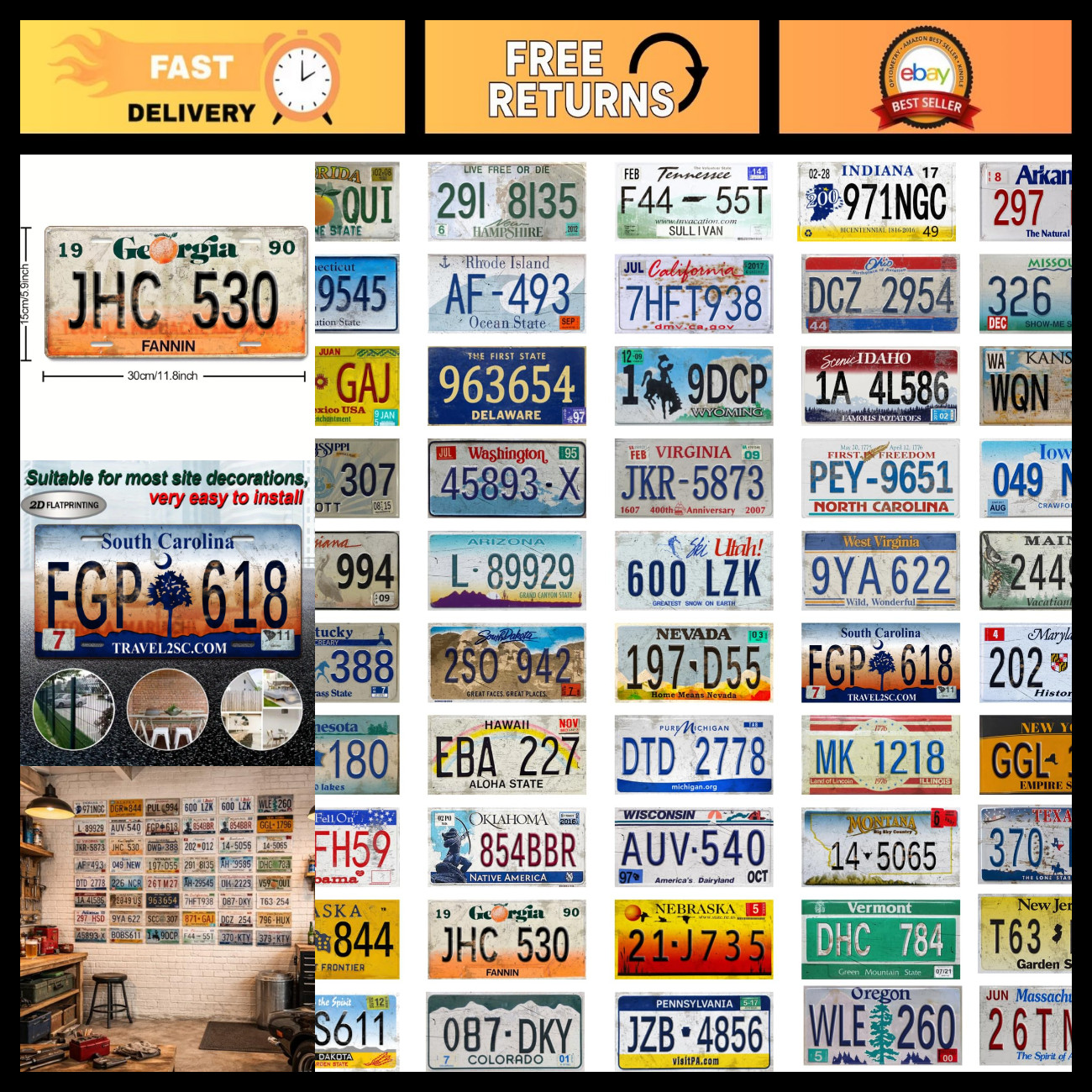 Vintage 50 State License Plates Set - 12x6 Inch Metal Signs for Home Decor