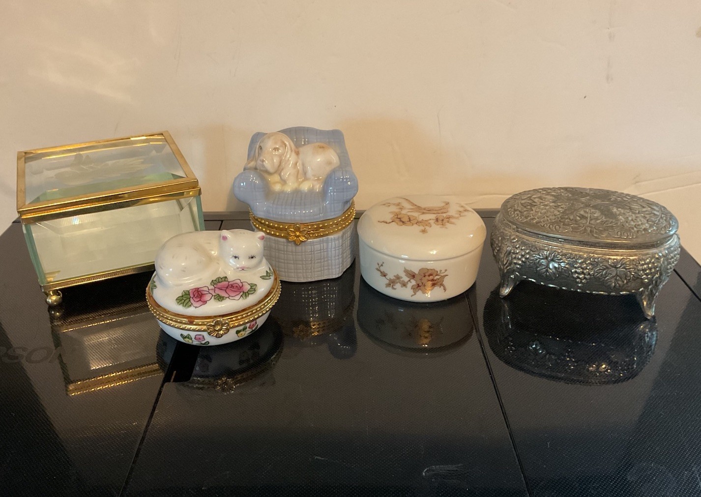 5 Nice Vintage Trinket Boxes~Beveled Glass~Gorham~Dog & Cat Hinged~Silver lined
