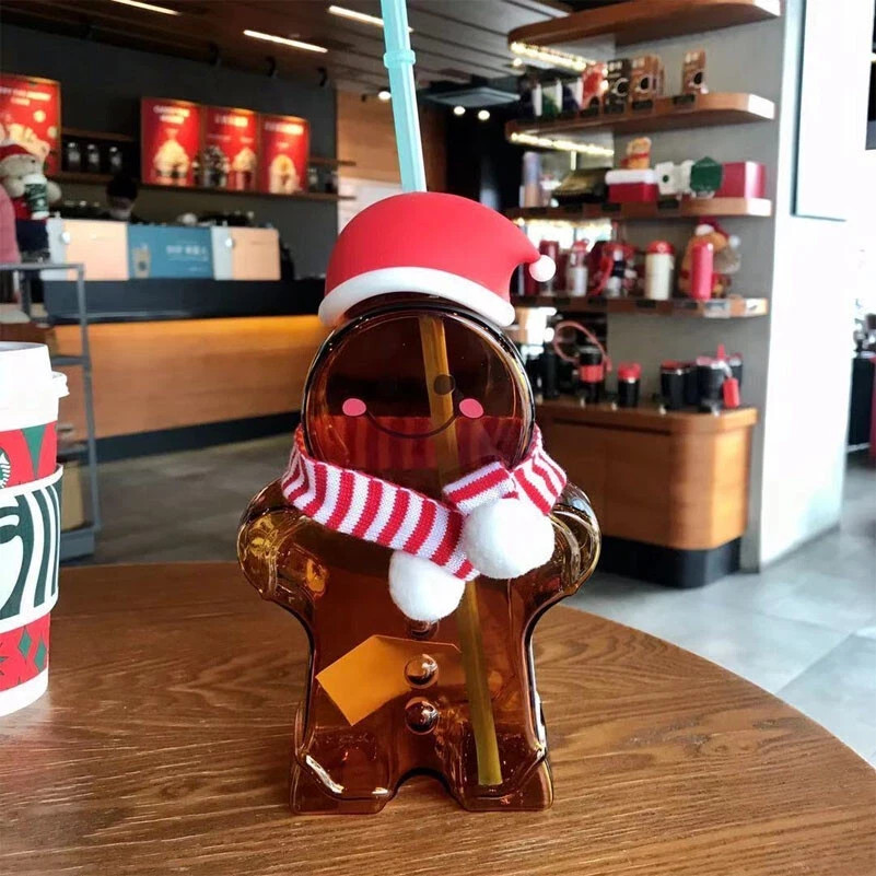 New Starbucks Christmas Gift Gingerbread Man Shaped Glass Straw Cup Tumbler