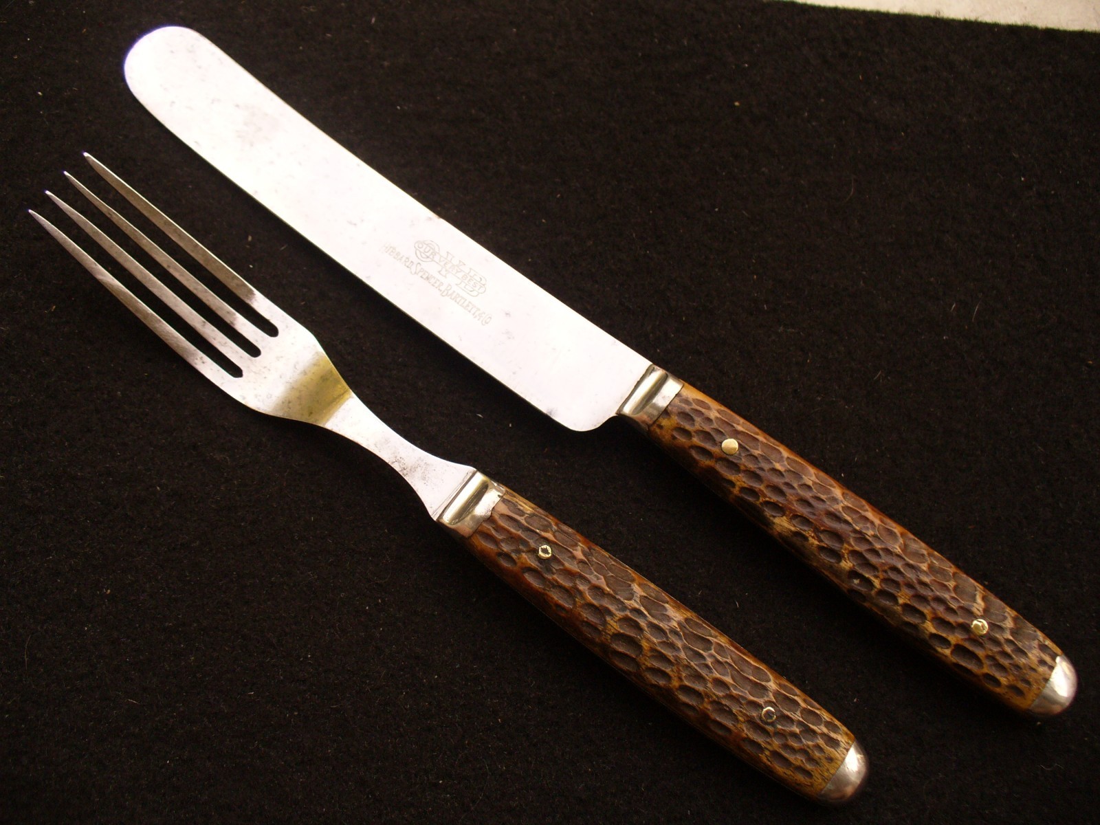 Vintage Hibbard Spencer Bartlett & Co. OVB Matching Brown Bone Knife & Fork Exc.
