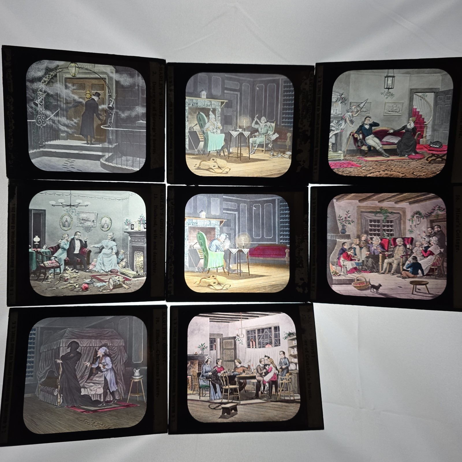 8 Antique McAllister Magic Lantern Slides Marley\'s Ghost Christmas Carol Dickens