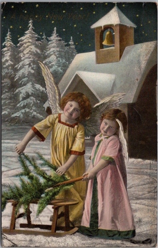 Vintage 1909 HAPPY NEW YEAR Gel Greetings Postcard Angel Girls / Church Scene