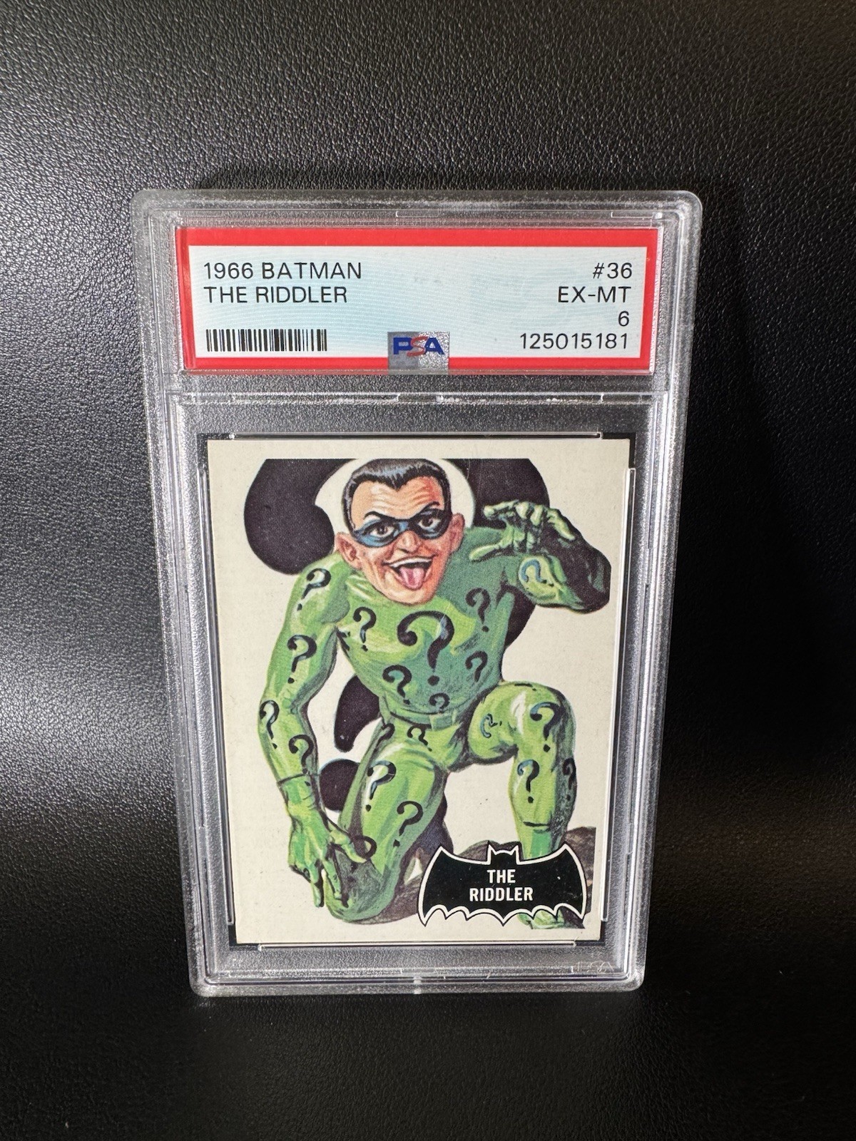1966 TOPPS USA BATMAN BLACK BAT #36 The Riddler Rookie Graded PSA 6