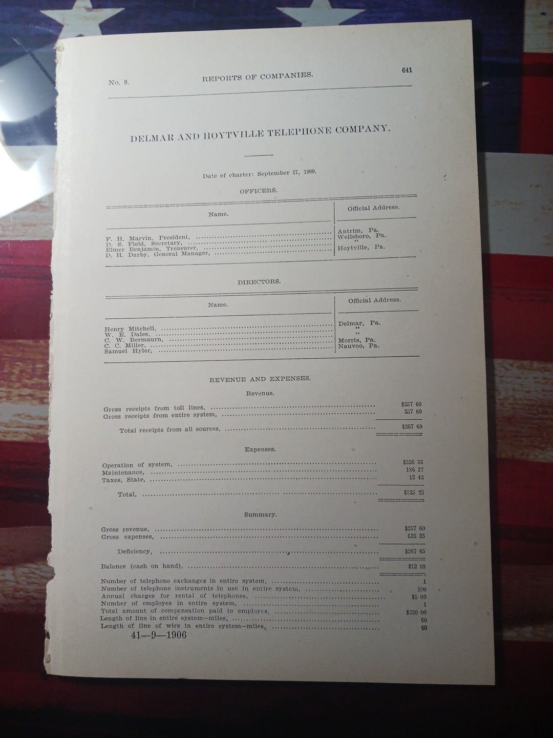 1906 rare Report of the DELMAR & HOYTVILLE TELEPHONE COMPANY    Tioga County PA