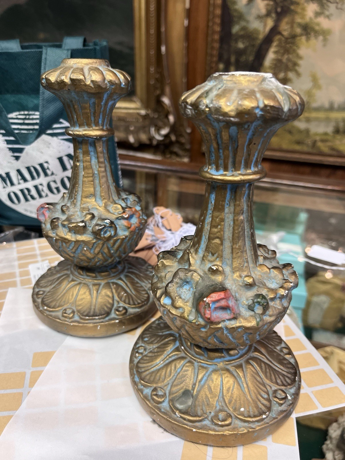 Pair Of Ornate 8” Baroque candlestick holder Possibly Chalk Ware Gorgeous 1930s