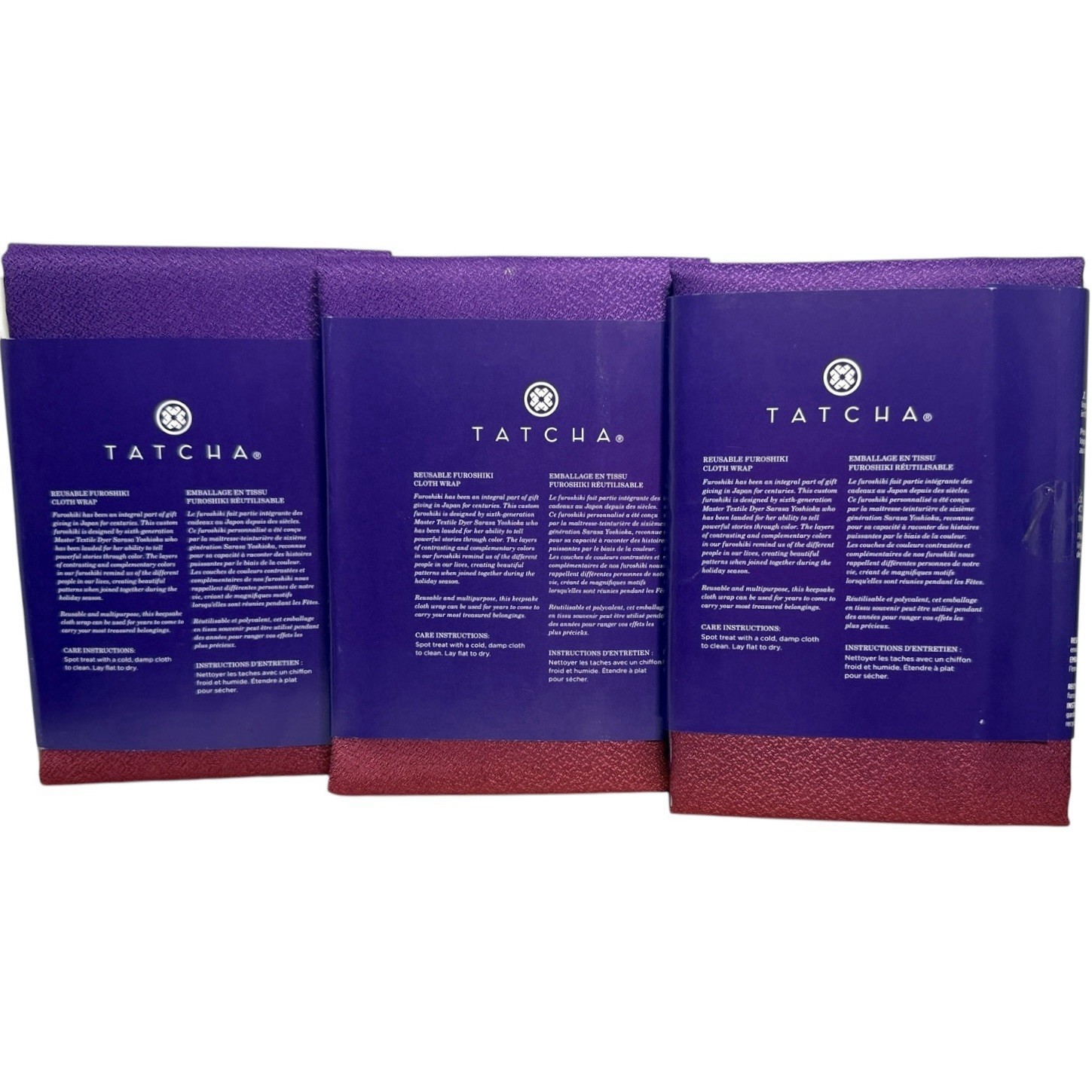 3 TATCHA Japanese Furoshiki Cloth Gift Fabric Wrap New 27”X27” Purple/Wine Color