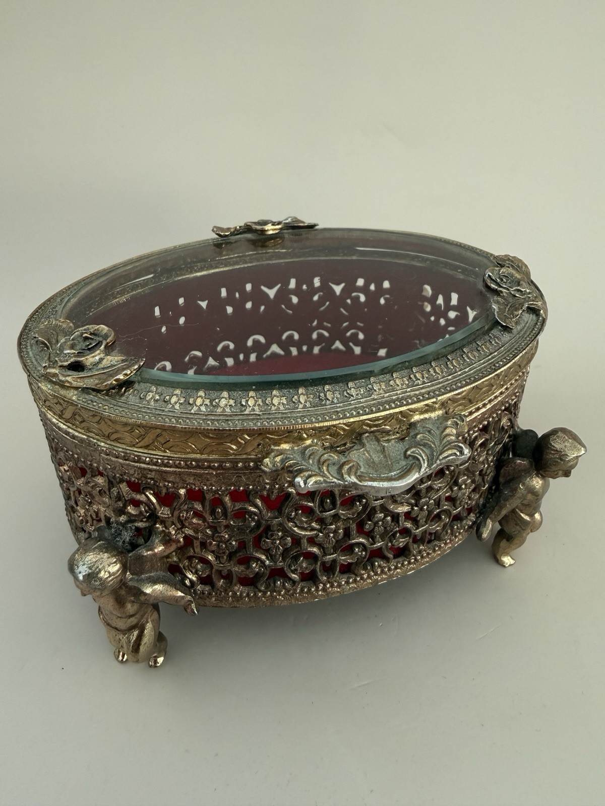 Vintage Mele Brass Filigree Jewelry Casket – Cherub Feet, Red Velvet