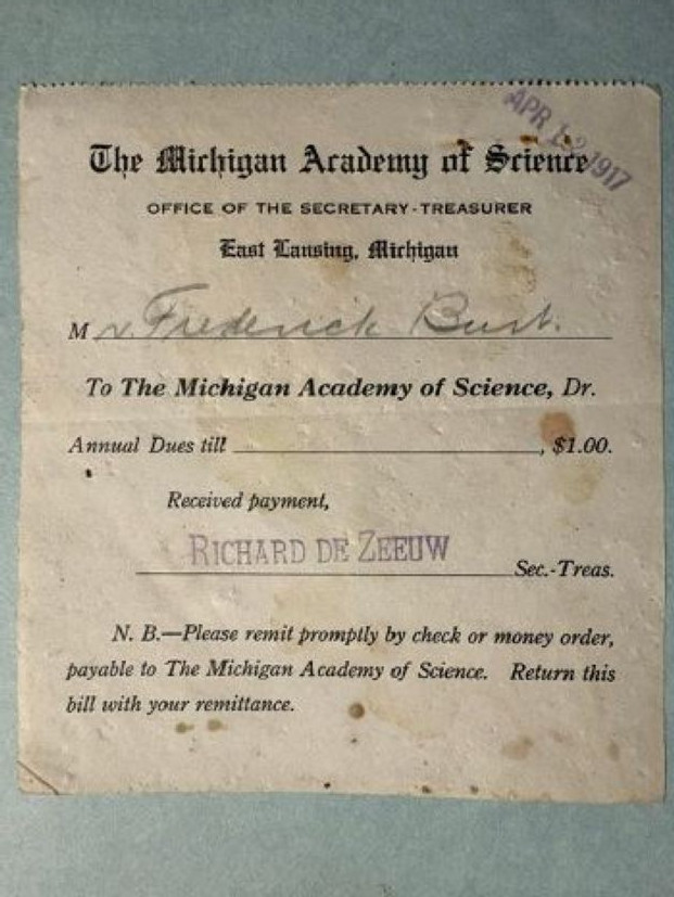1917 MICHIGAN ACADEMY OF SCIENCE annual dues receipt document East Lansing