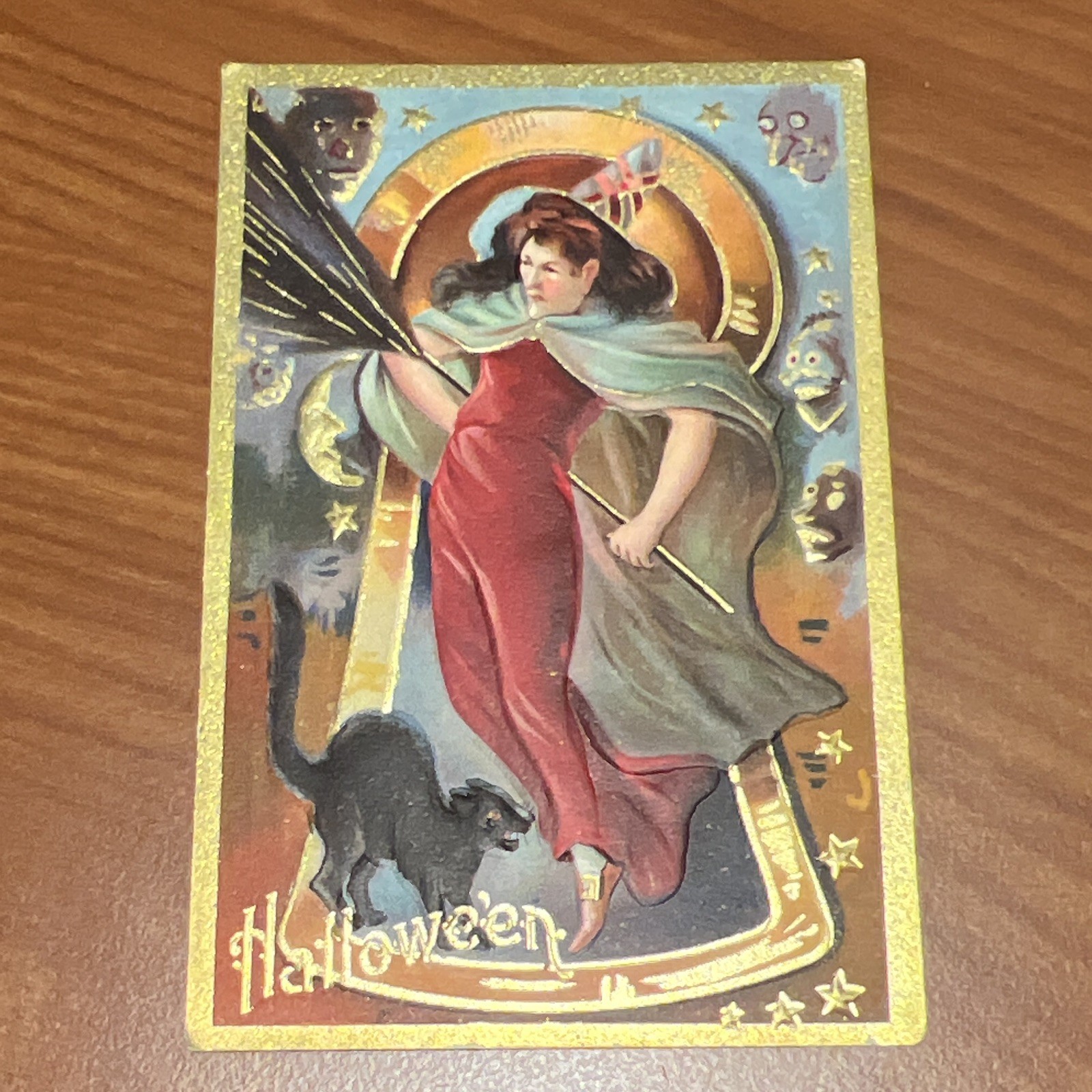 Embossed Halloween Witch & Black Cat Postcard - Unposted Divided Back c1907-15
