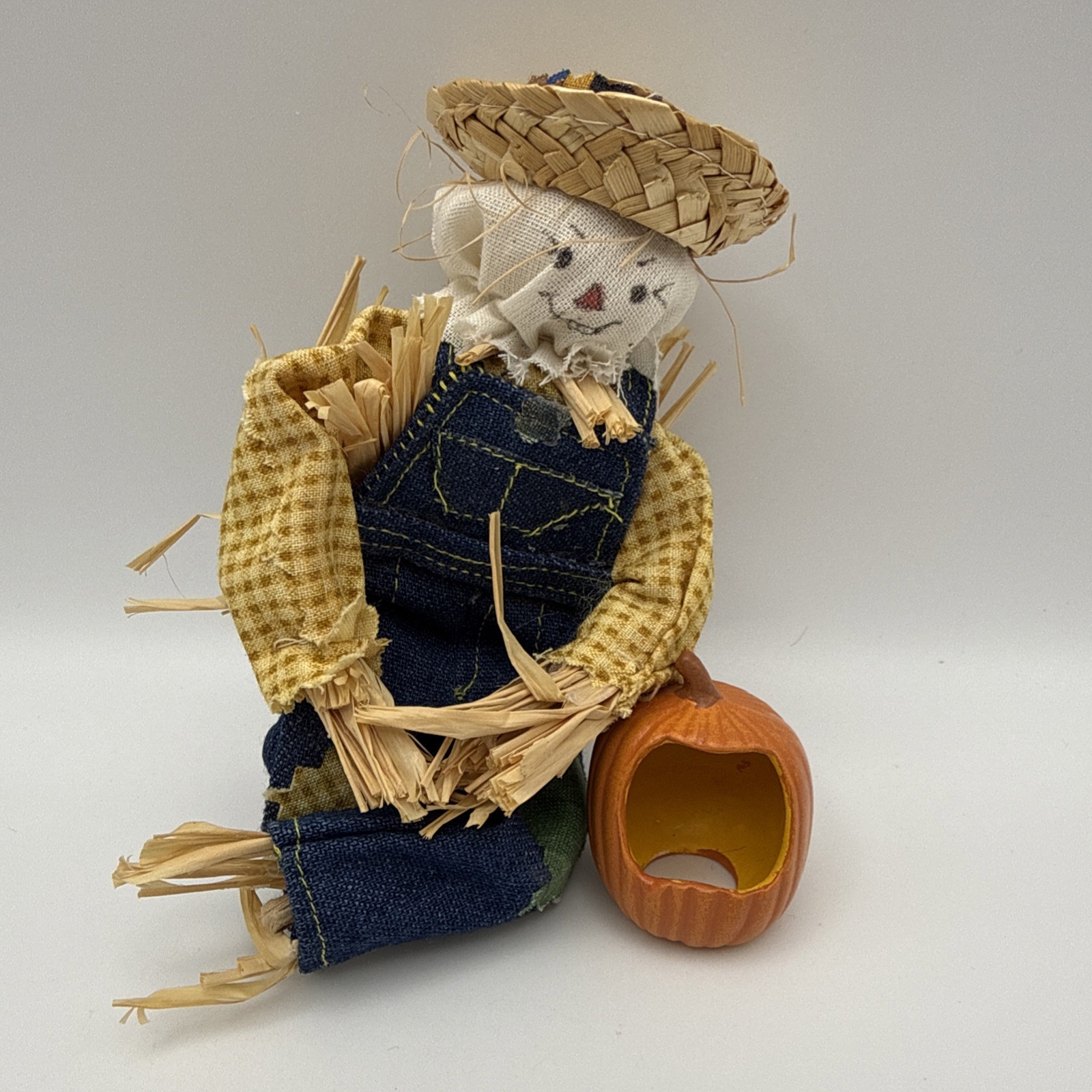 Vintage Fall Scarecrow Figurine with Pumpkin Rustic Autumn Harvest Decor Farm