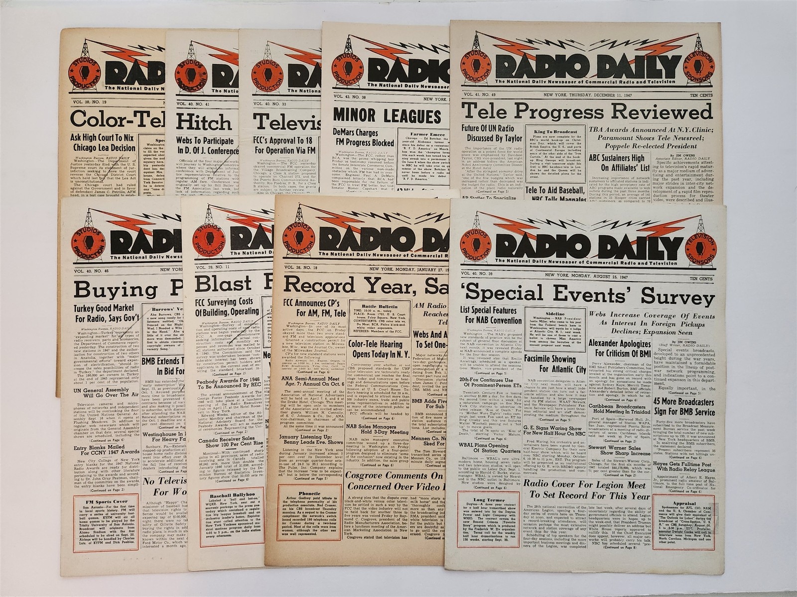 1947-48 vintage RADIO DAILY NEWSPAPERS lot 9 issues TELEVISION FM FCC trade