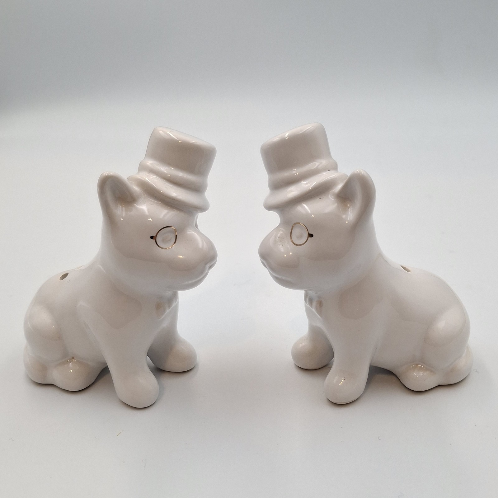 Vintage British Bulldog Salt Pepper Shakers Golden Monocle Gentelmen Top Hat