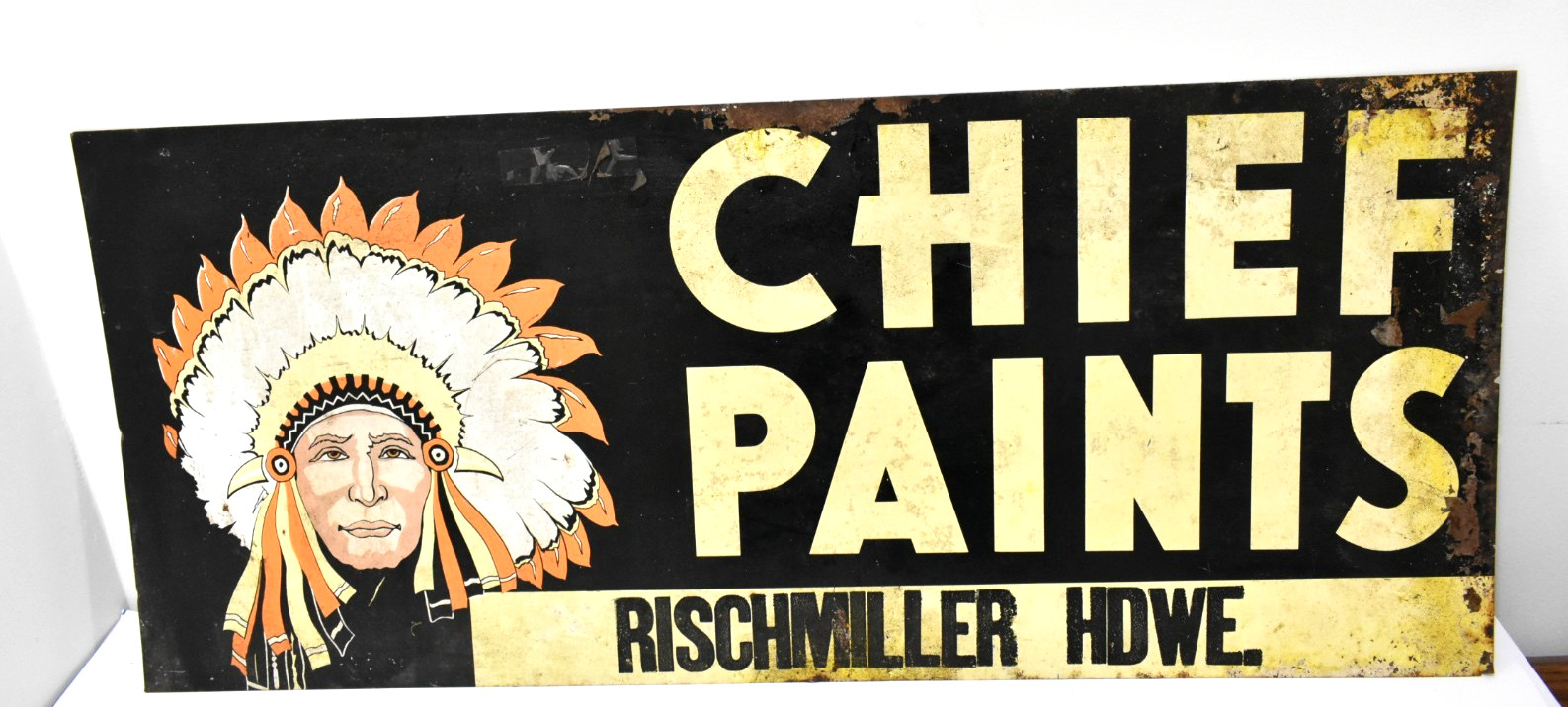 1960’s Chief Paints Tin Sign Original Double Sided Indian Advertisement 28x12