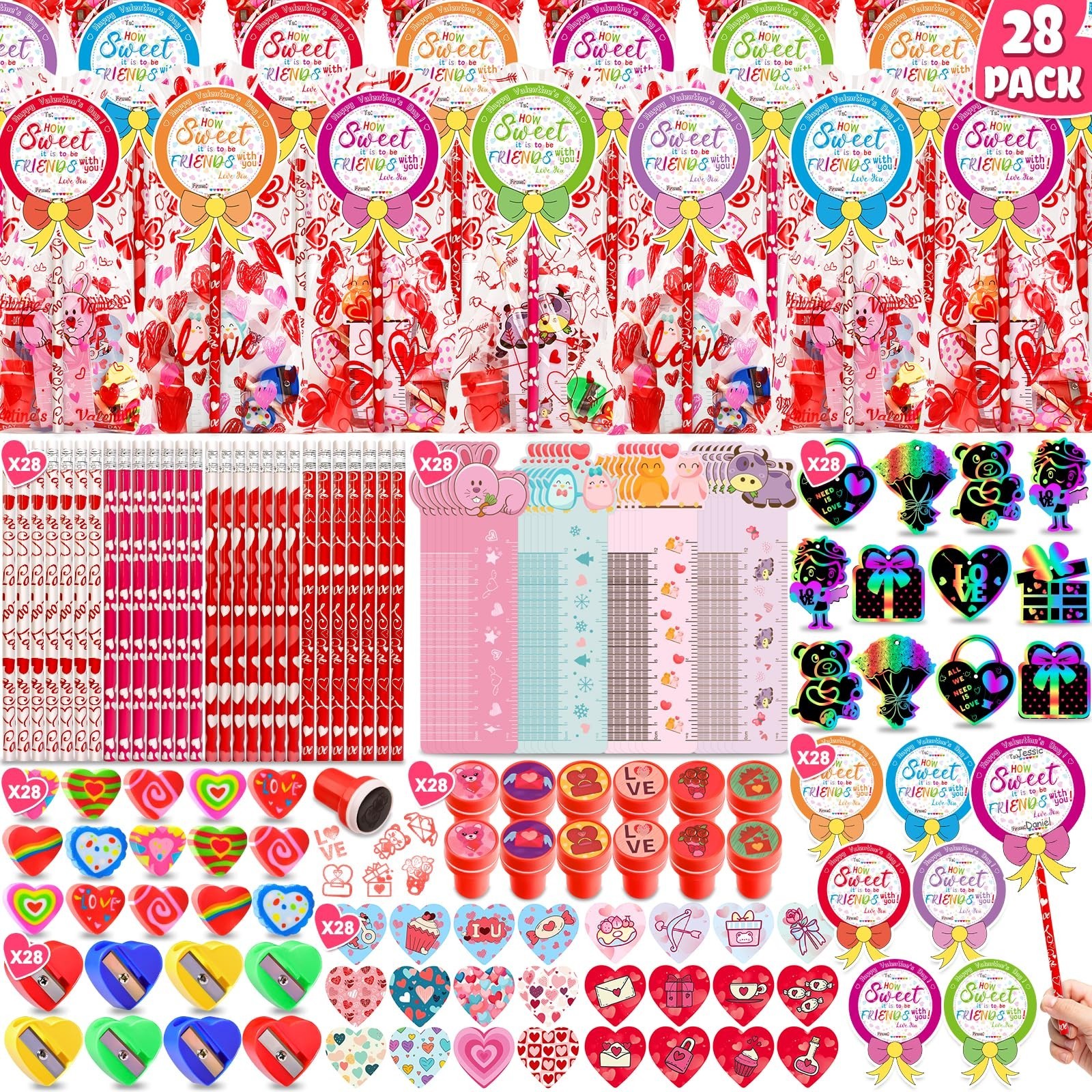 28 Pack Valentine\'s Day Gifts for Kids - Cards, Pencils, Erasers & Goodie Bags