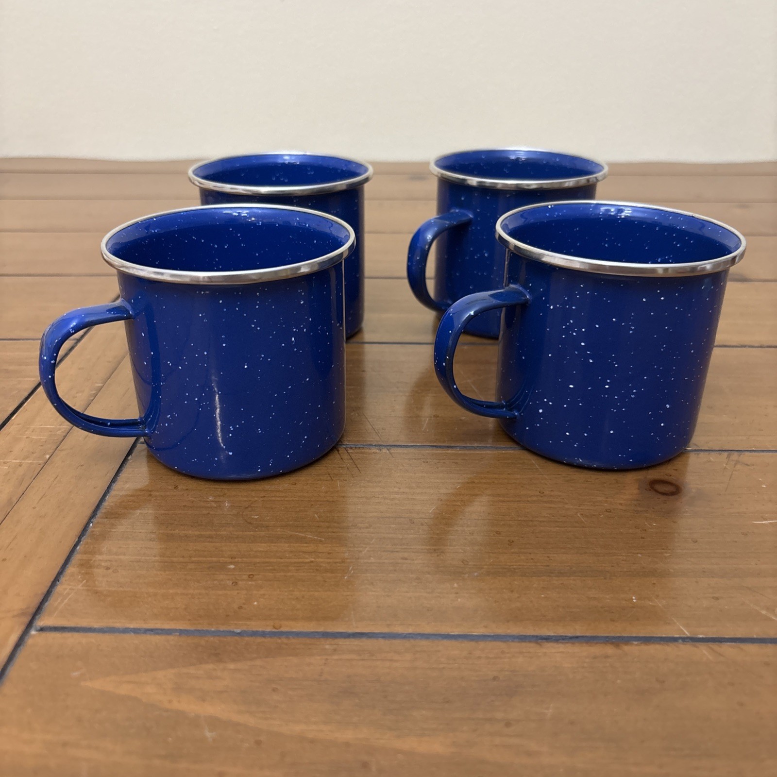 Vintage Blue Speckled Enamel Tin Metal Mugs Set of 4 Silver Metal Rim Camp