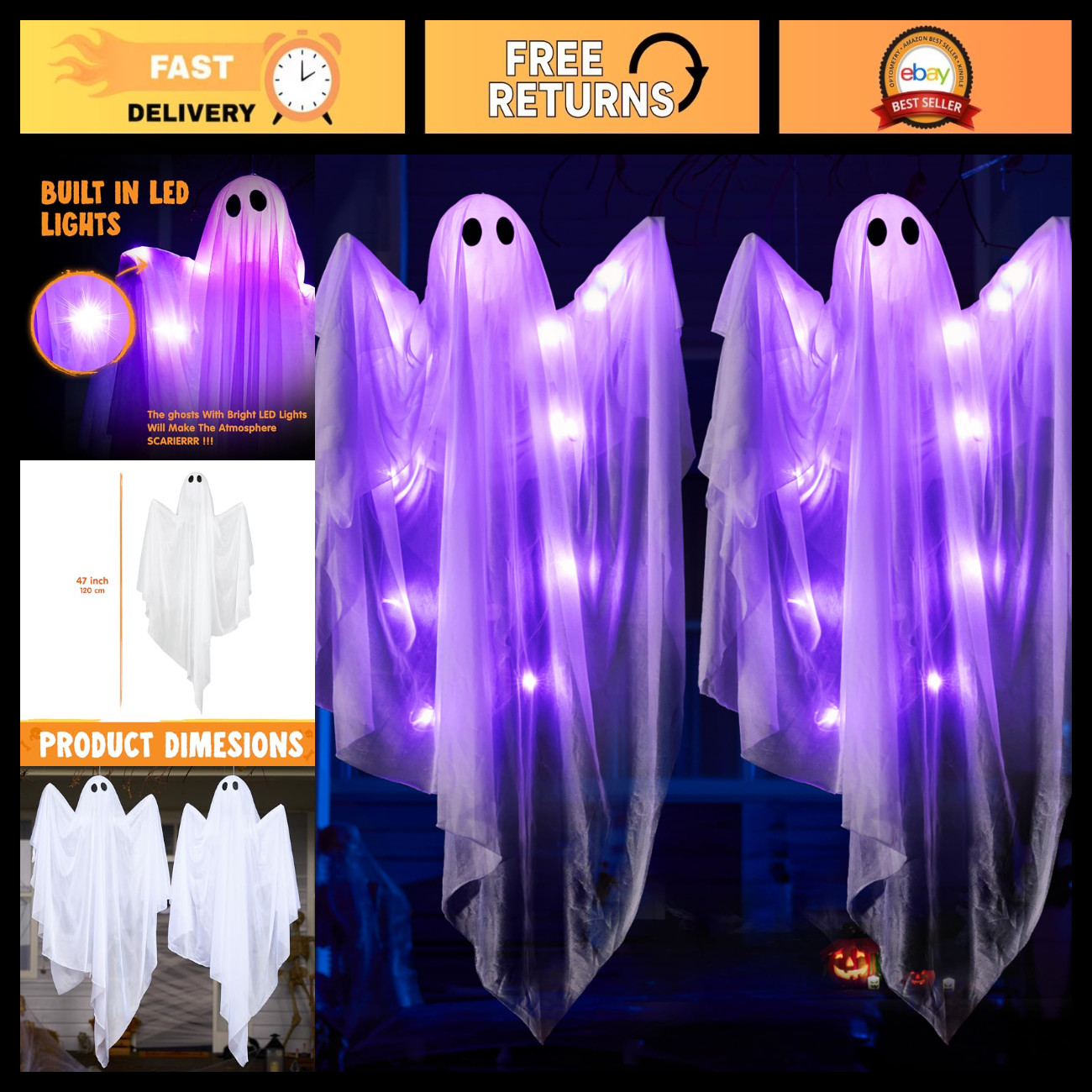 2 Pcs 47” Light Up Halloween Ghost Decorations - Purple LED Haunted House Props,