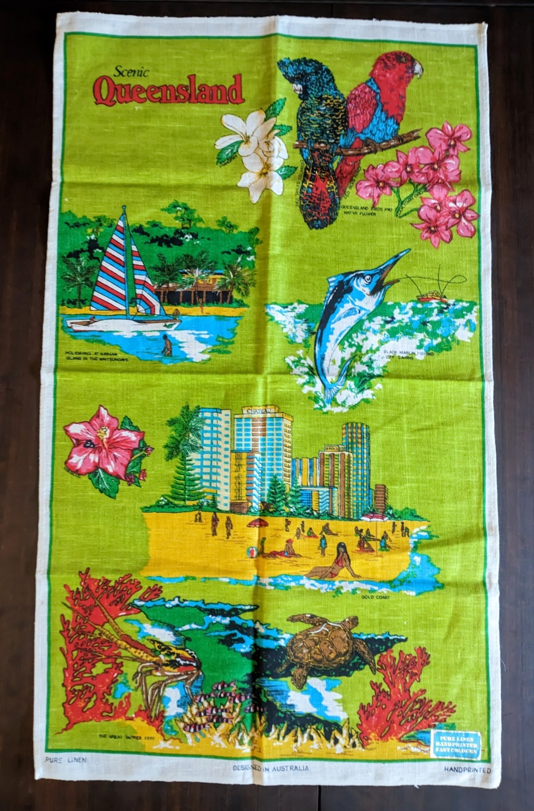 Vintage Scenic Queensland Linen Tea Towel Gold Coast Whitsundays Poland Sticker