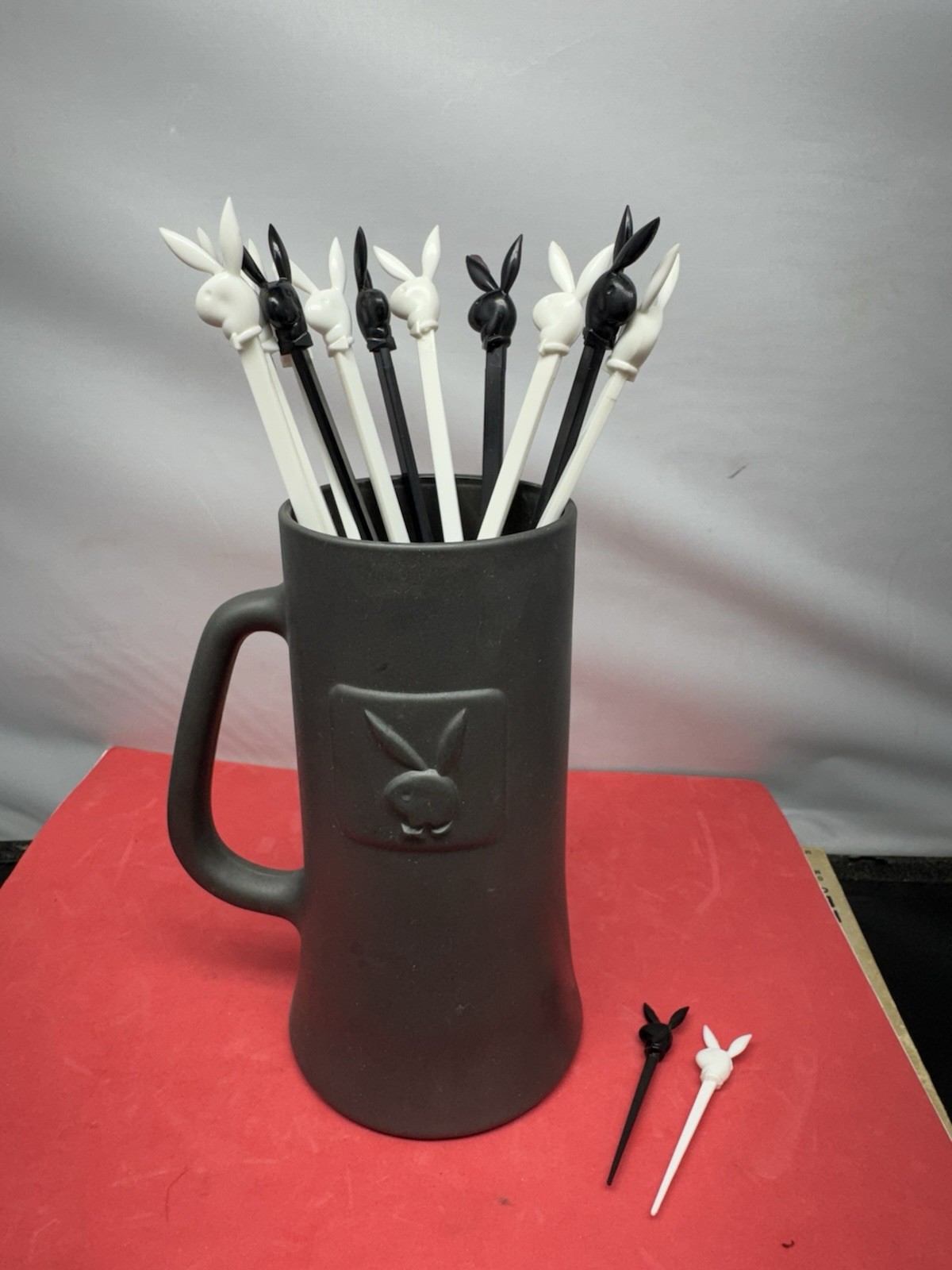 70s Vintage Playboy Club Black Matte Glass Mug Stein Embossed Bunny w/ Stir’s