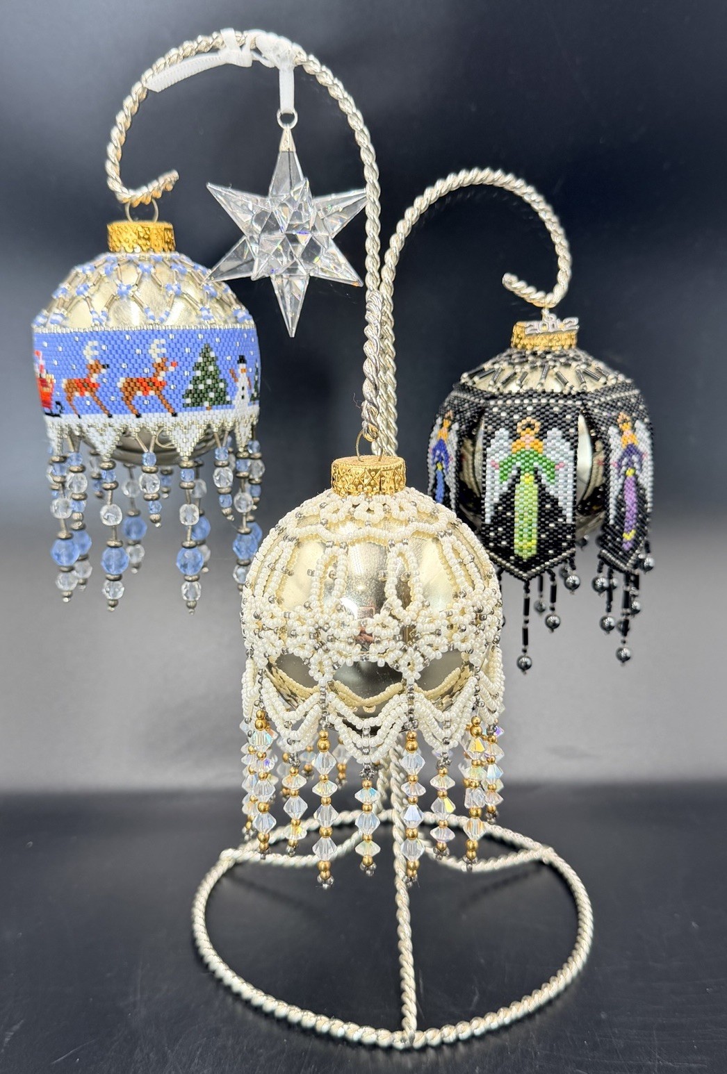 RARE VTG 80s Handmade Beaded Overlay Glass Christmas Ornaments Santa Angel