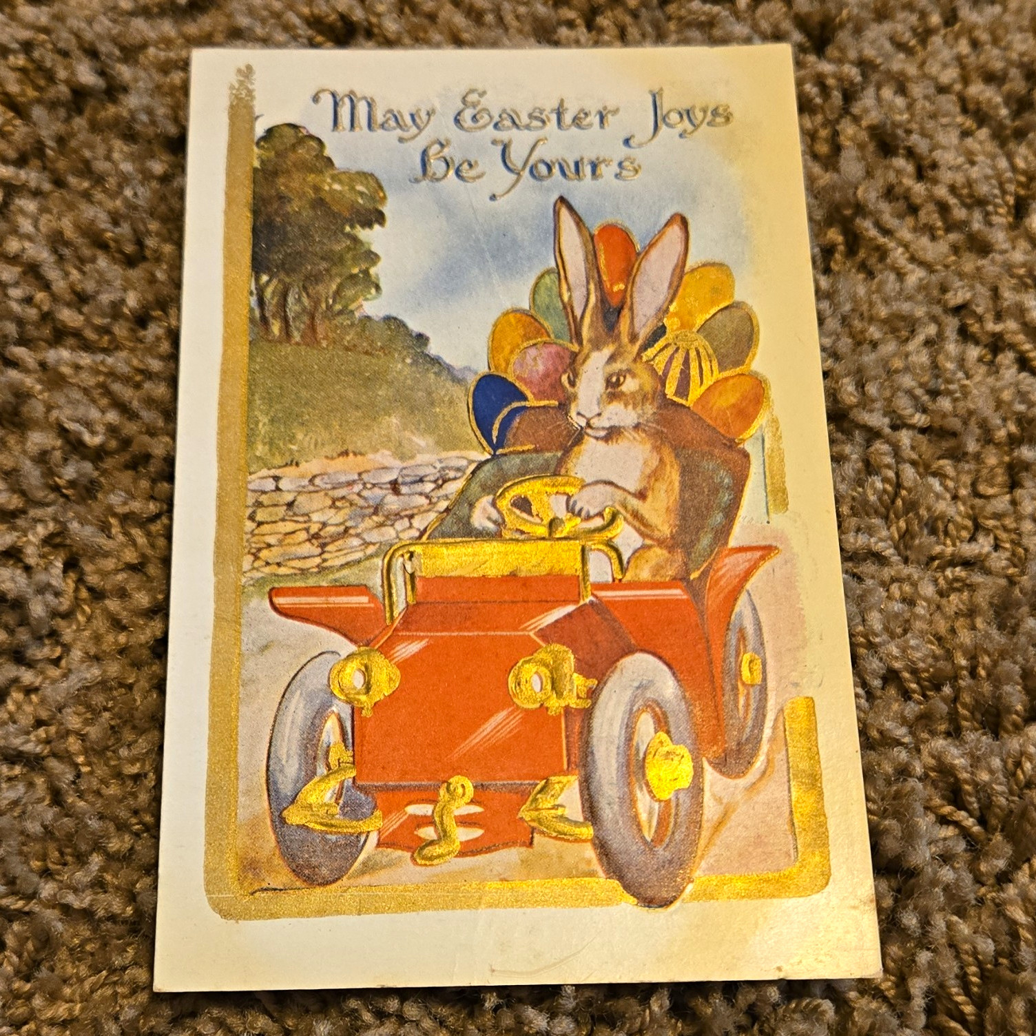Antique Easter Postcard Rabbit Driving Red Car 