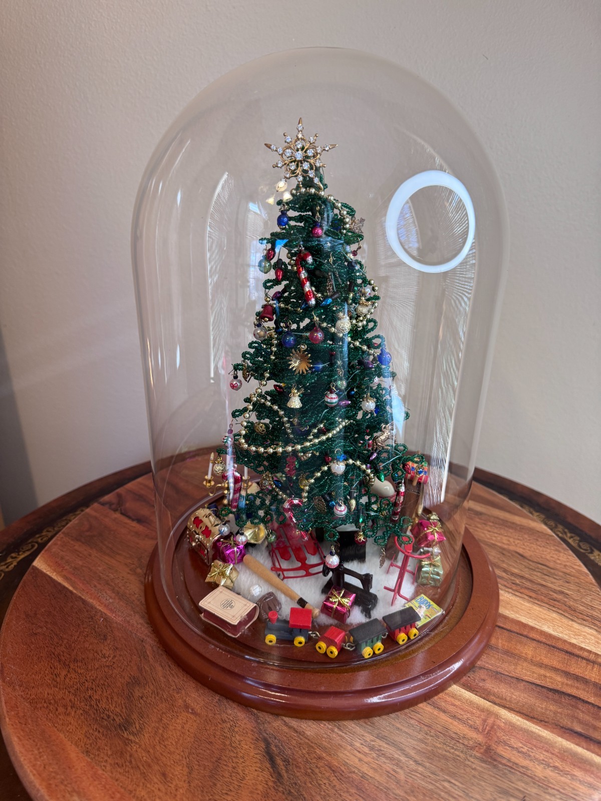 Vintage Westrim Beaded Christmas Tree W/Glass Dome Decorated Toys Gifts 12.5\