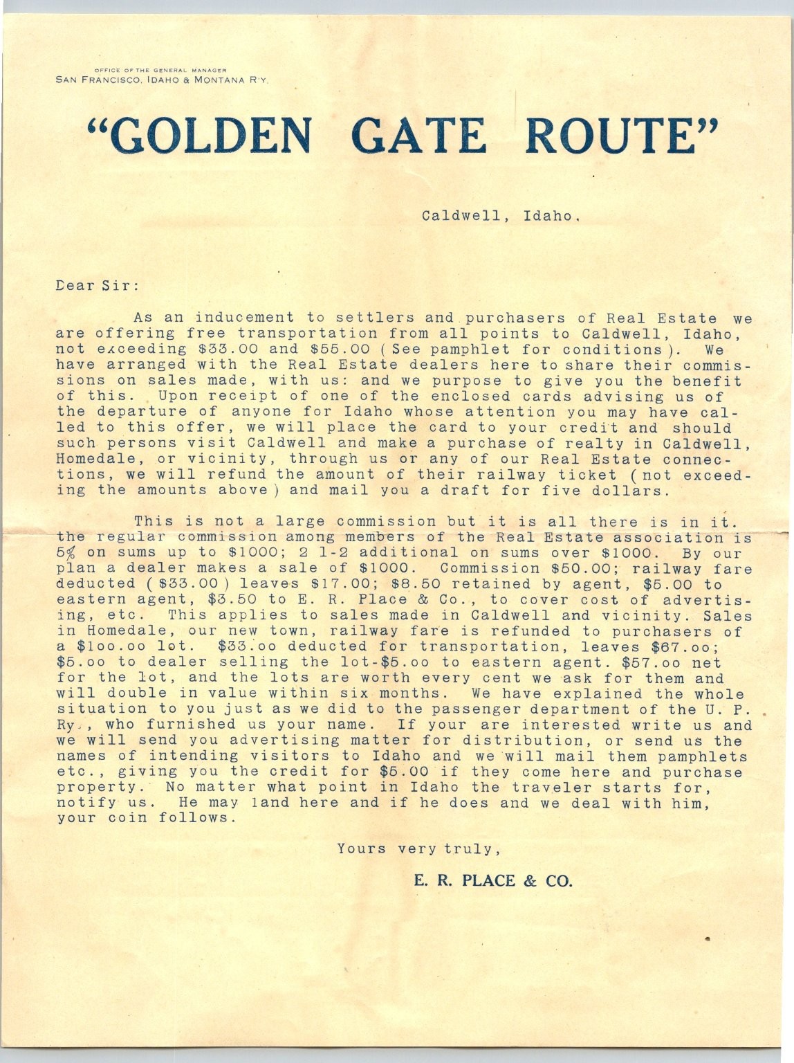 1900s Golden Gate Route Caldwell Idaho Real Estate Land Sales Flyer E. R. Place