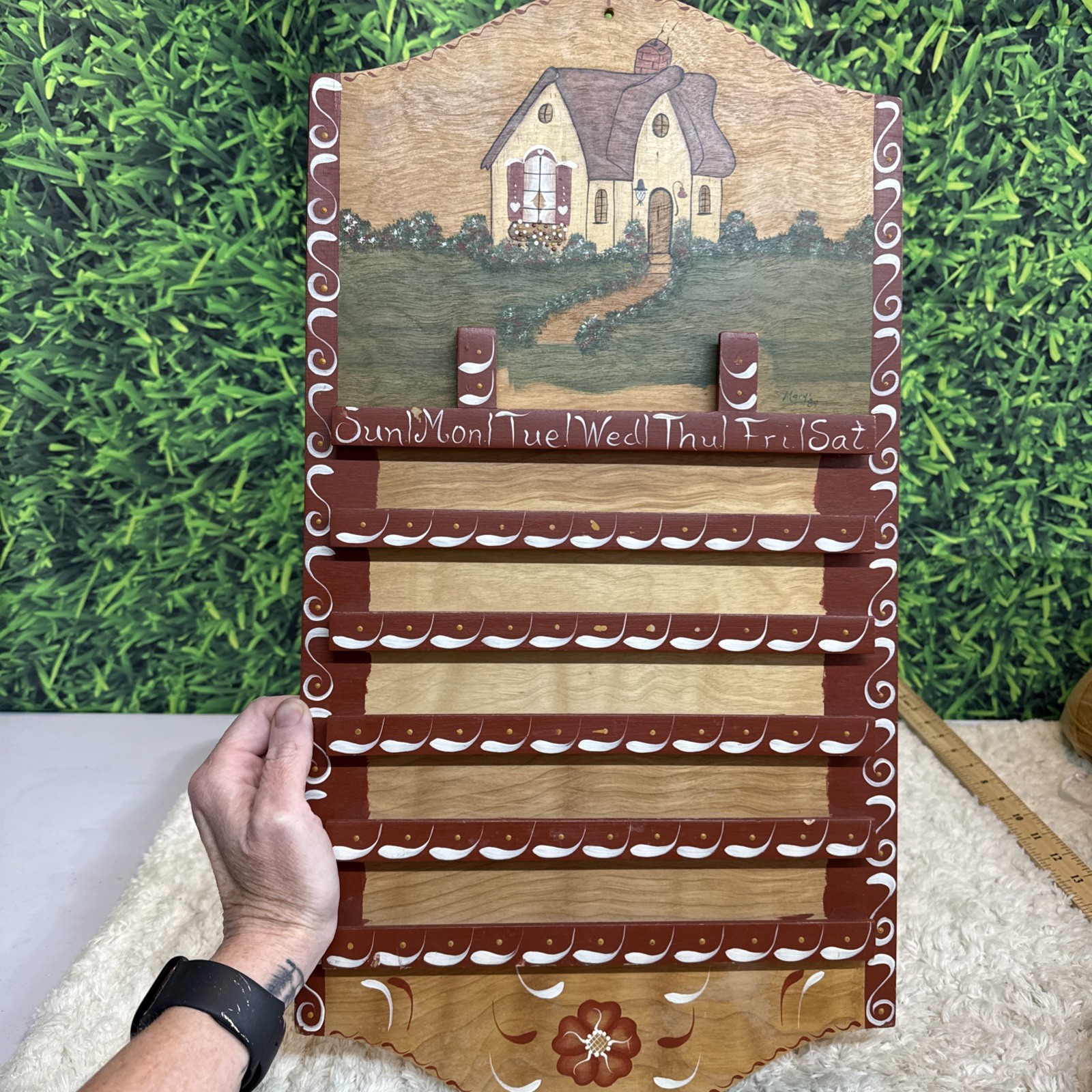 Vintage Wooden Perpetual Calendar Country Cottage Handpainted Vintage Folk Art
