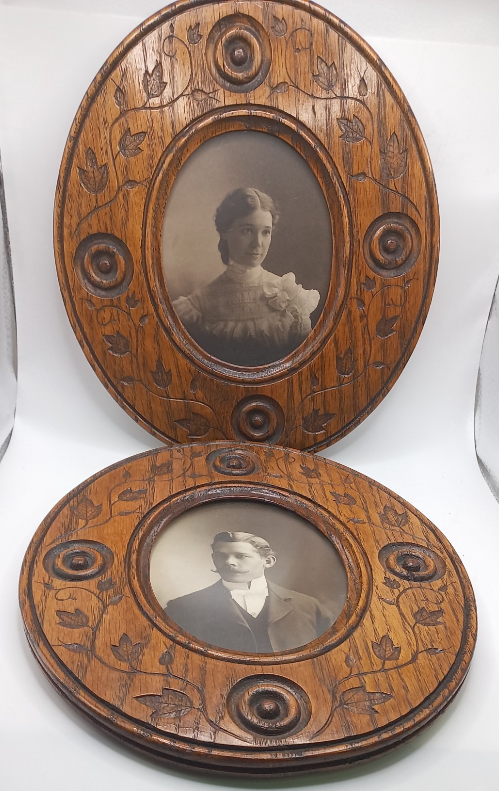 Antique Pair Flemish Art Nouveau Pyrography Wood Burned Oval Picture Frames Set 