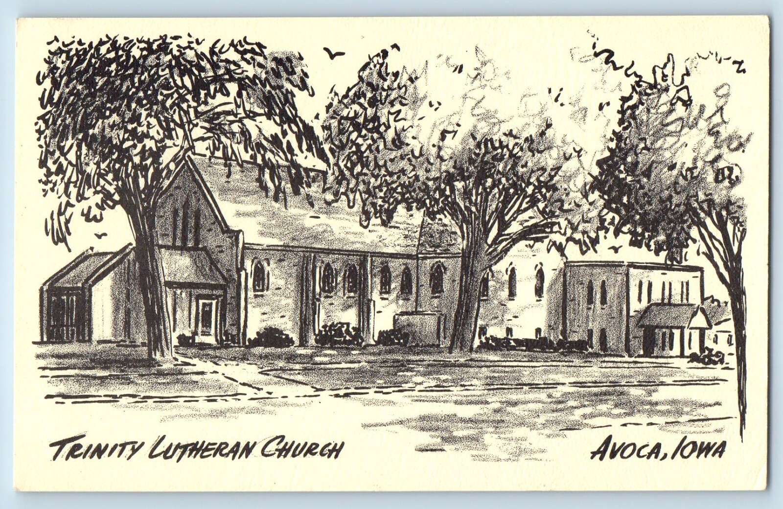 Avoca Iowa Postcard Trinity Lutheran Church Building Trees Drawing 1940 Unposted