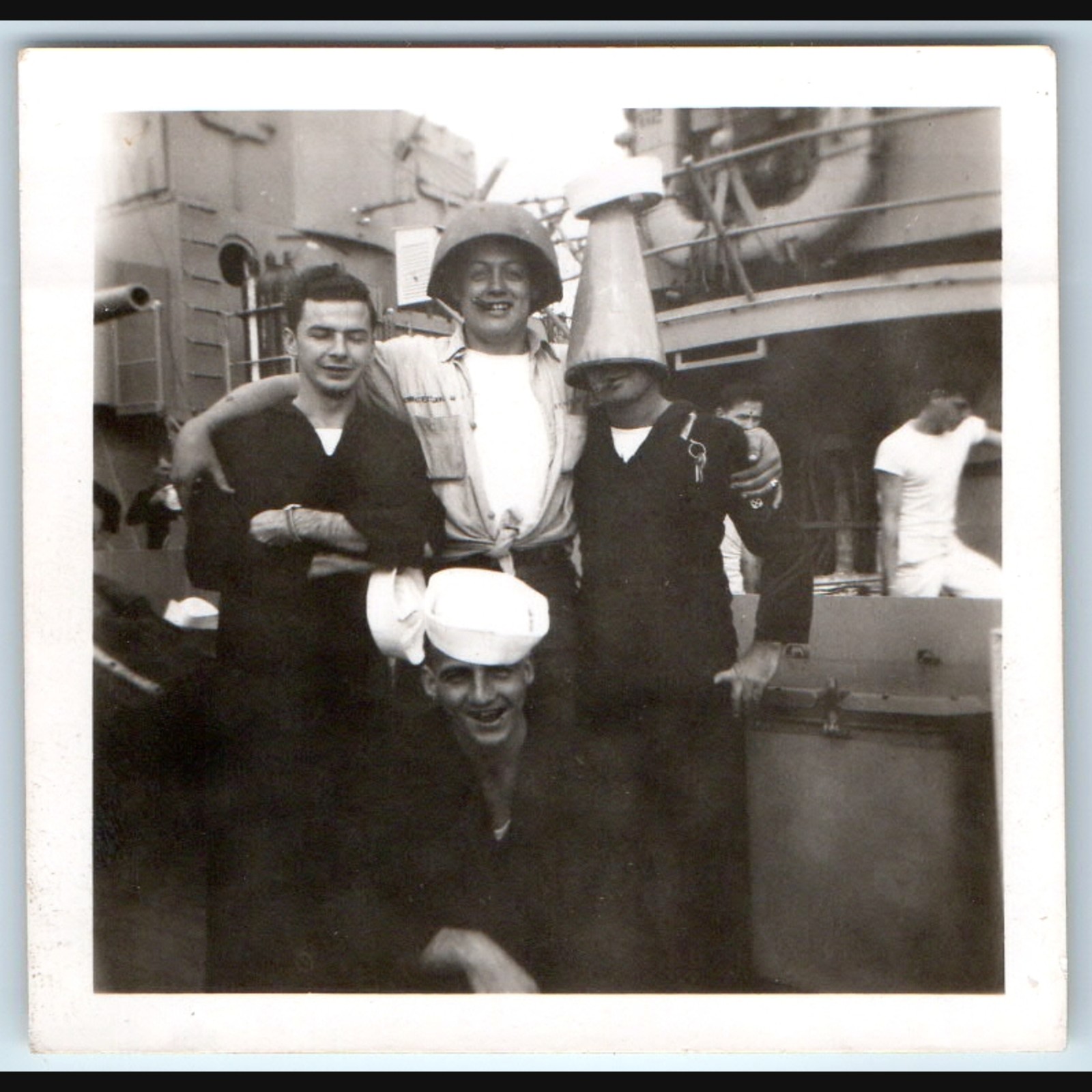 c1940s WWII US Navy Sailors Goofy Silly Ship Deck Uniforms Mini Snapshot Photo
