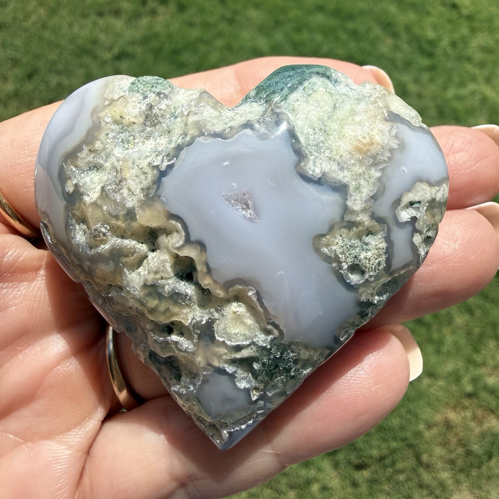 Natural Moss Agate Heart w/ druzy UNIQUE Quartz Crystal Specimen 2.1