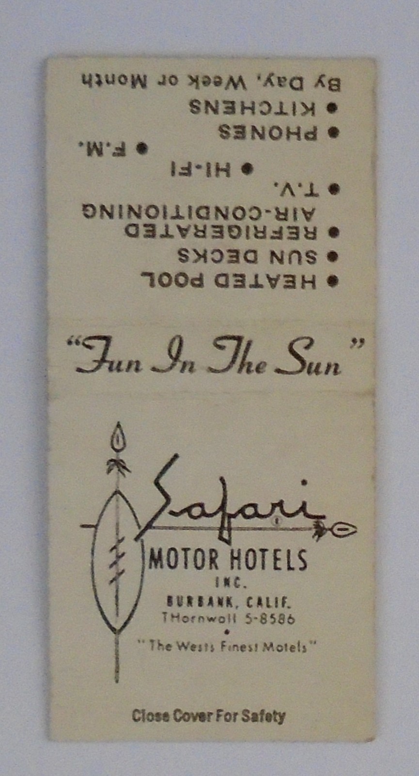 Safari Motor Hotels Burbank CA Matchbook Cover Bobtail