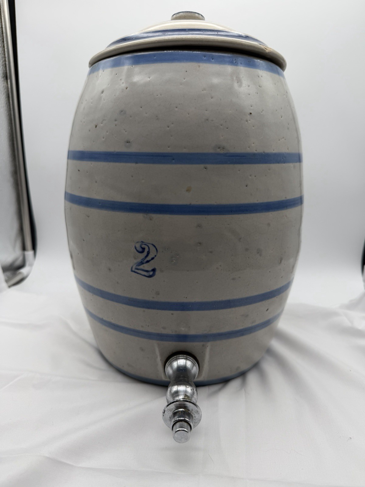 Vintage 2 Gallon Stoneware Water Cooler Crock Blue Stripe w Lid & Spigot