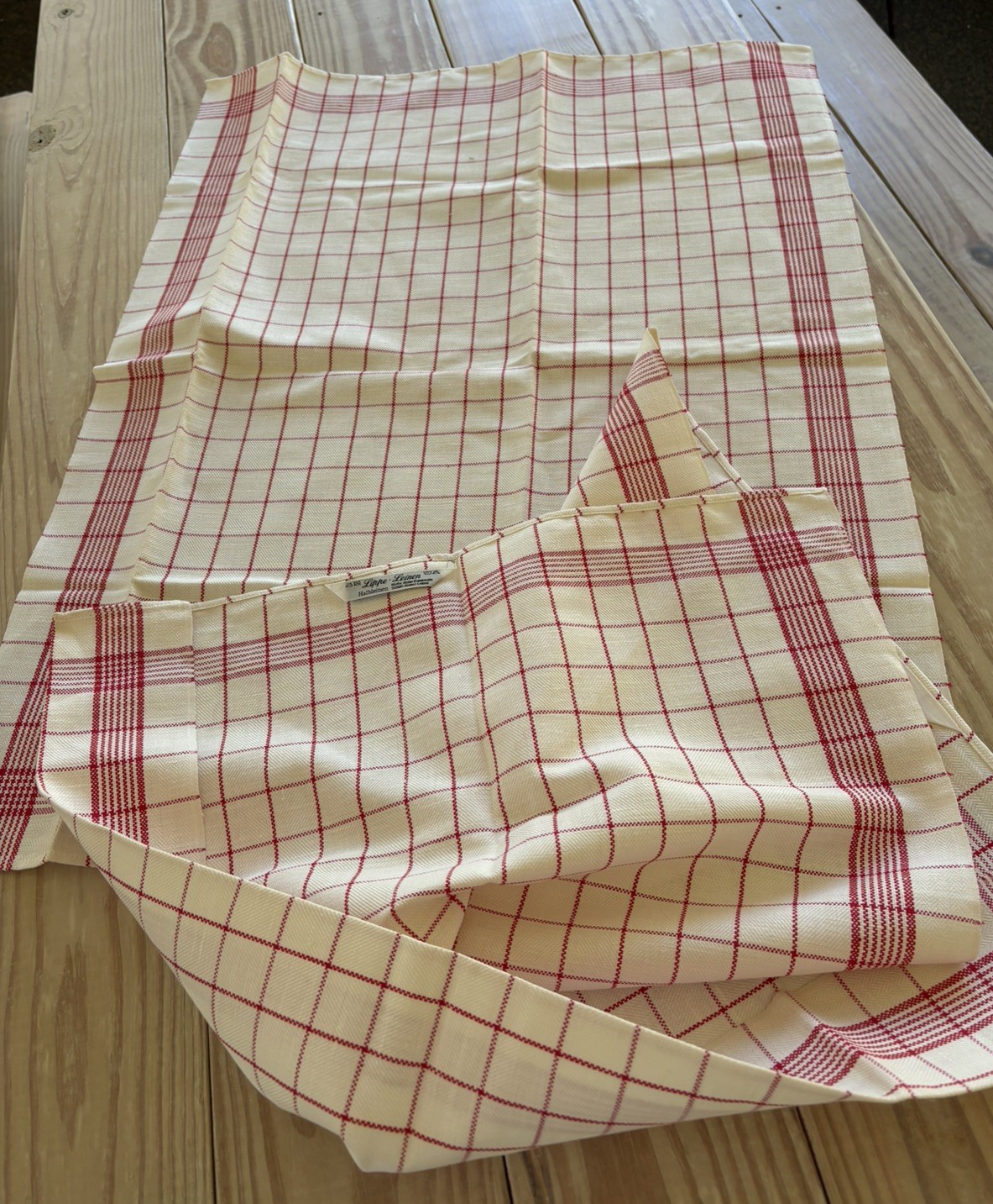 Pr NOS Vintage German Linen Towel Red Stripes Farmhouse Kitchen 24 x 30