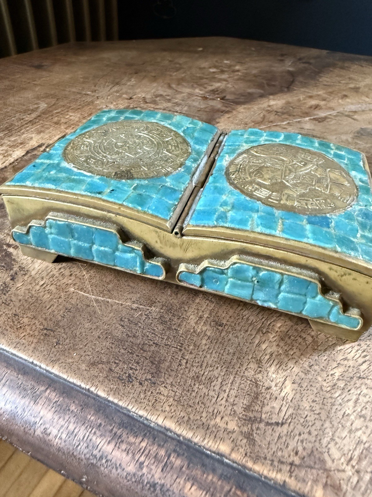 Vintage Mid Century Brass Mexican Mosaic Aztec Cigarette Box Dual Double