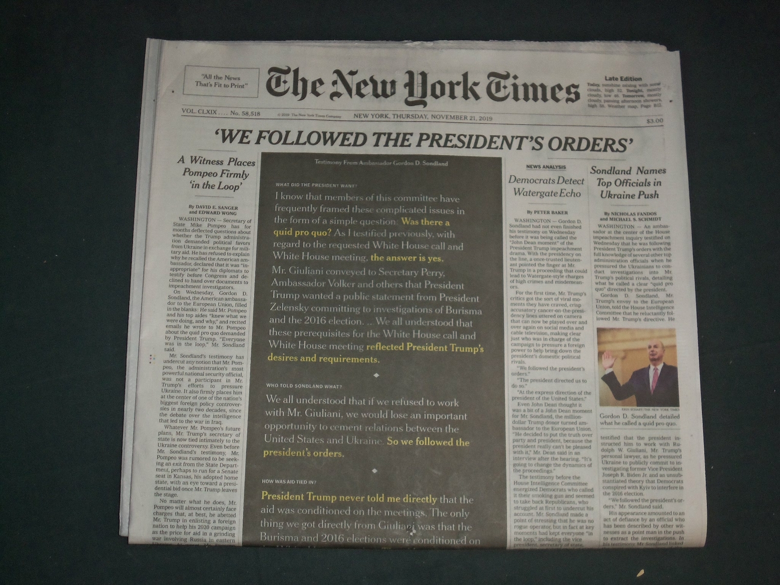 2019 NOVEMBER 21 NEW YORK TIMES- GORDON SONDLAND: WE FOLLOWED PRESIDENT'S ORDERS