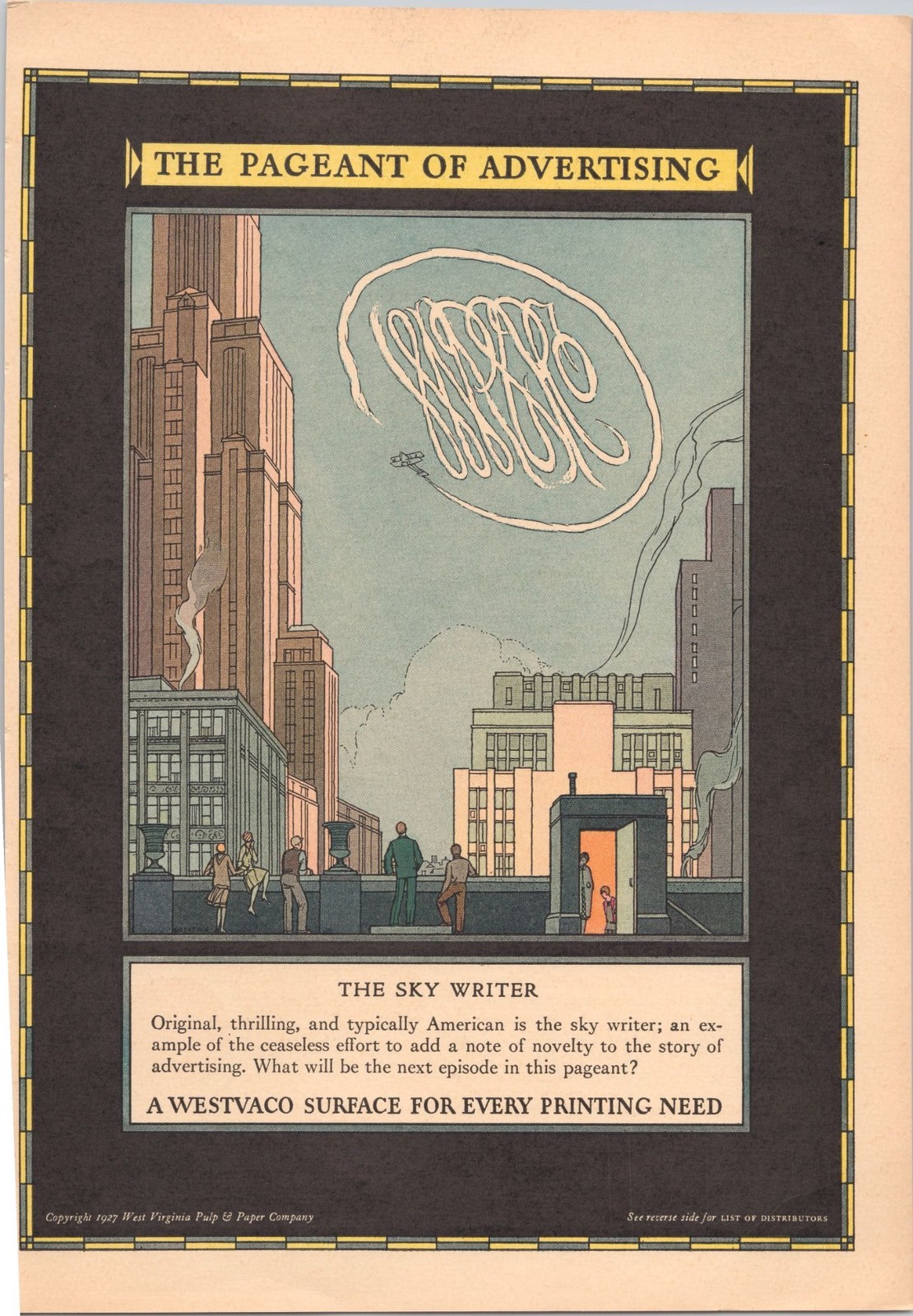 1927 Westvaco Vintage Print Ad Sky Writer Art Deco Cityscape Airplane