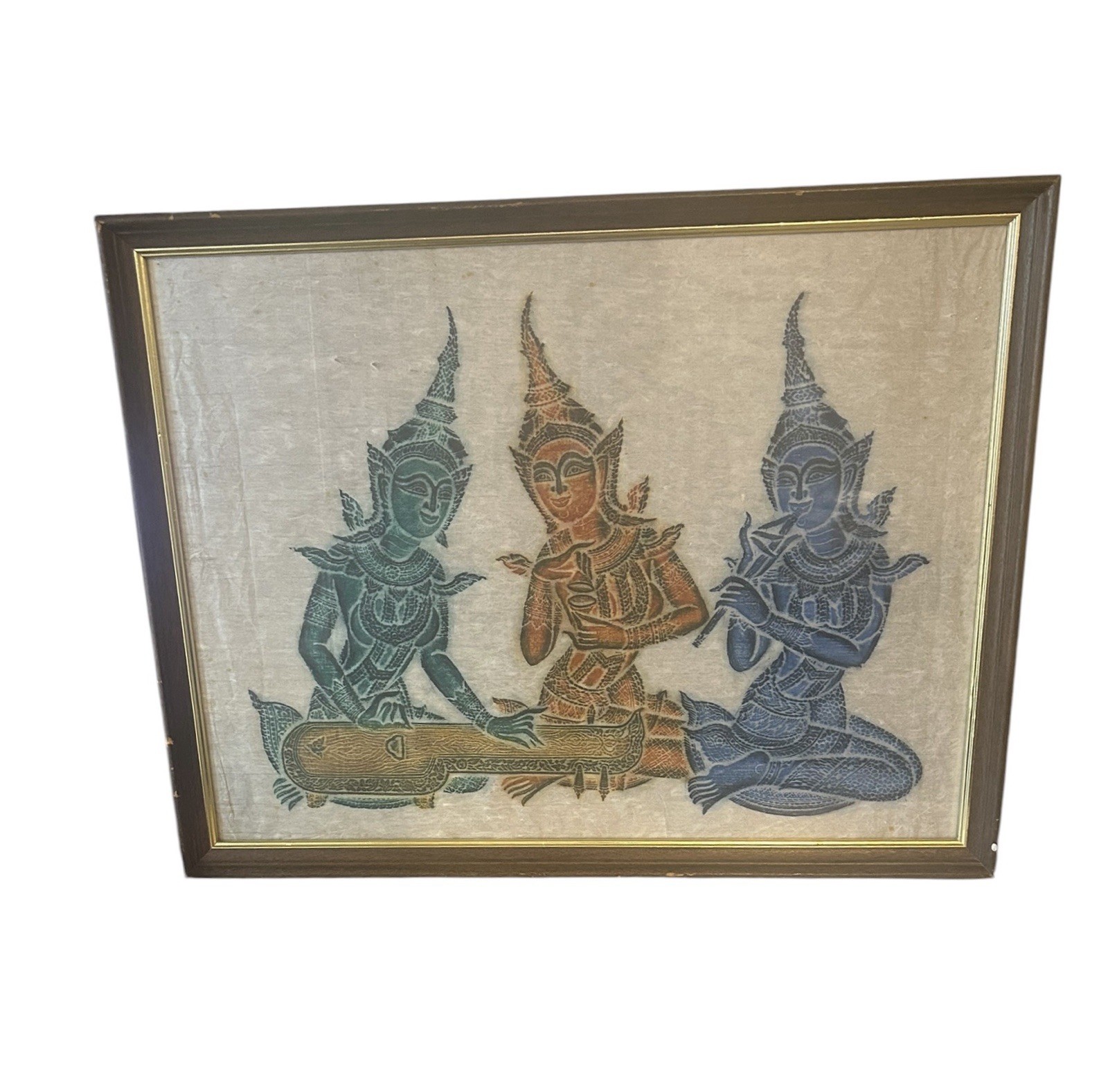 Vintage Thai Buddhist Temple Rubbing On Rice Paper Framed Wall Art Thailand