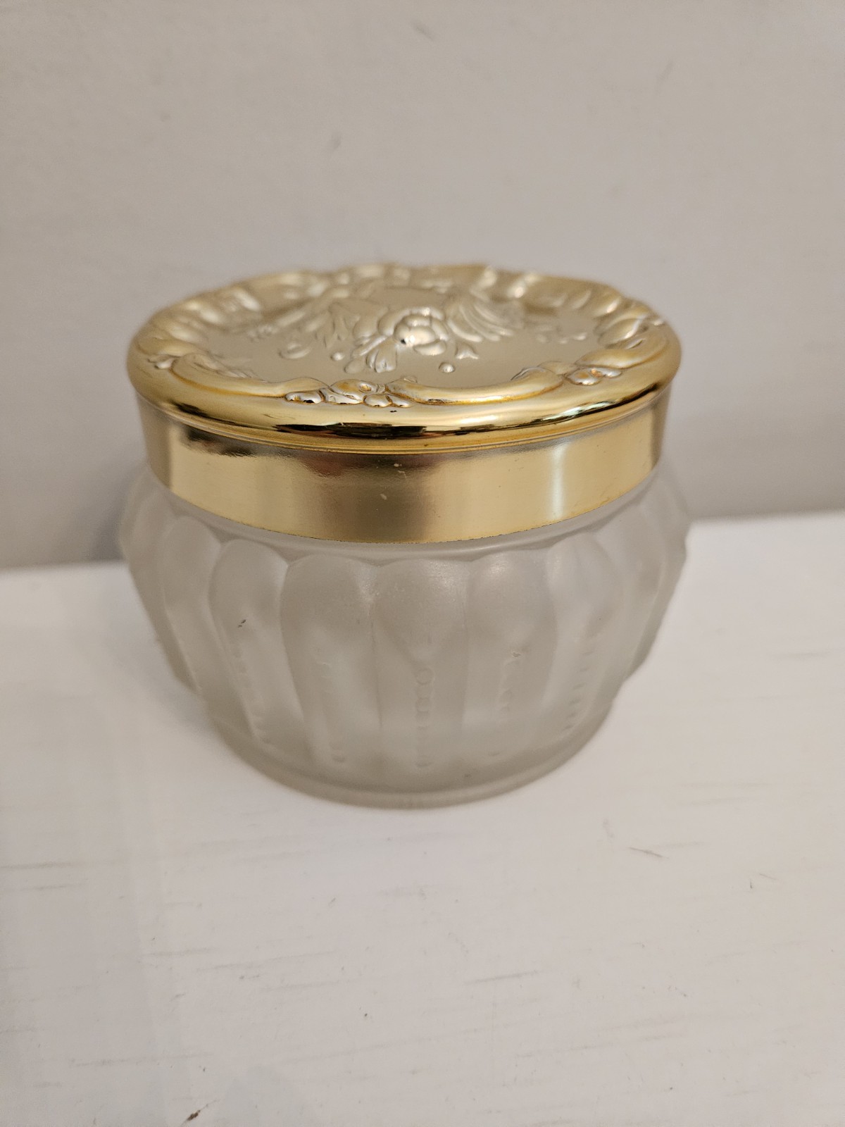 Vintage Estee Lauder Re-Nutriv Face Powder Jar Empty Frosted Glass Gold Tone Lid
