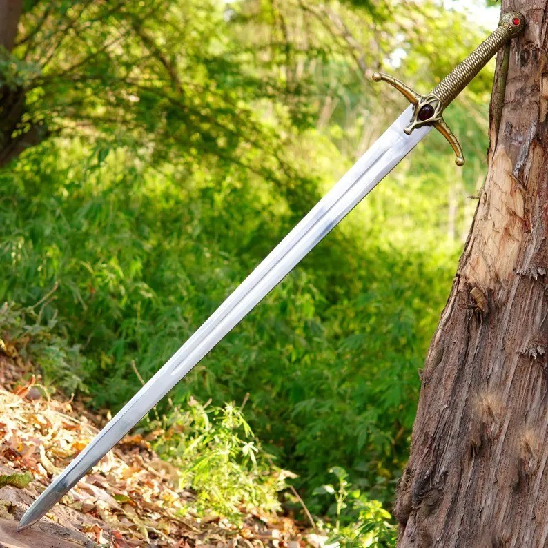 Handcrafted Medieval Longsword Decorative Steel Blade Prop Gemmed Guard Display