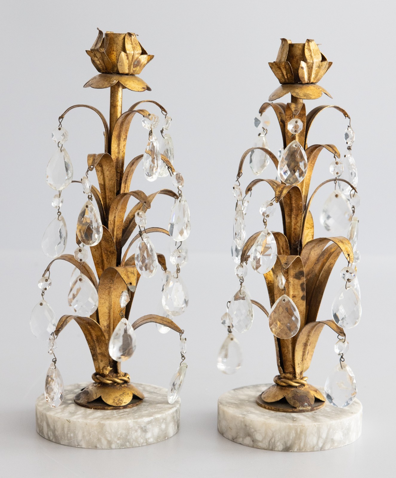 Pair Vintage Italian Gold Gilt Tole & Crystals Candlesticks Marble Bases 13.5