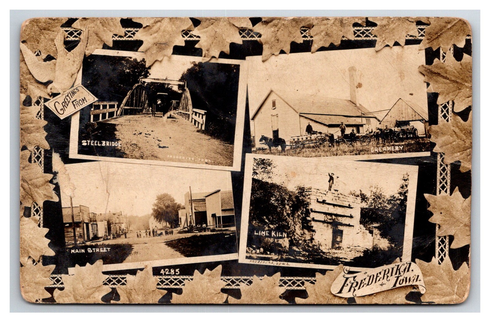 RPPC ~ Frederika Iowa ~ Lime Kiln , Creamery , Main street Bridge Bremer County