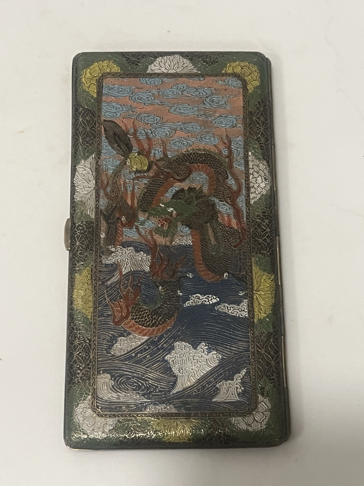 Vintage Antique Cloisonné Enameled Cigarette Case 6” x 3” Dragons Chinese Scene