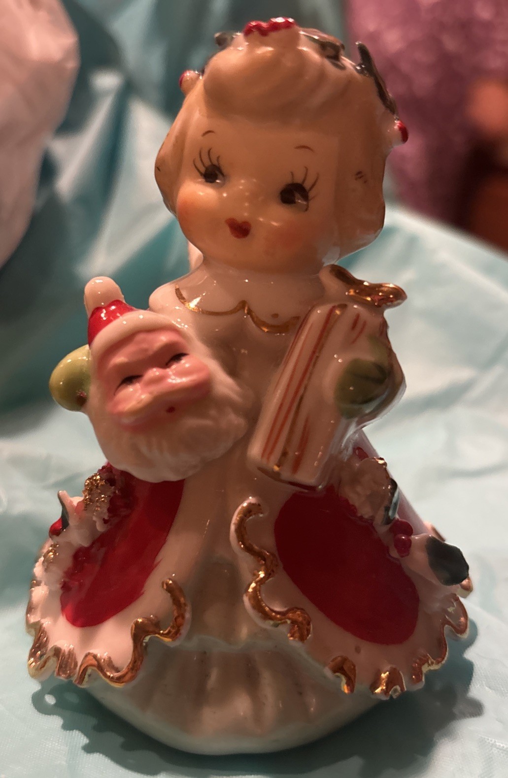 HTF Vintage Lefton Christmas Angel Bell Santa Mask Present Figurine Japan MCM 50