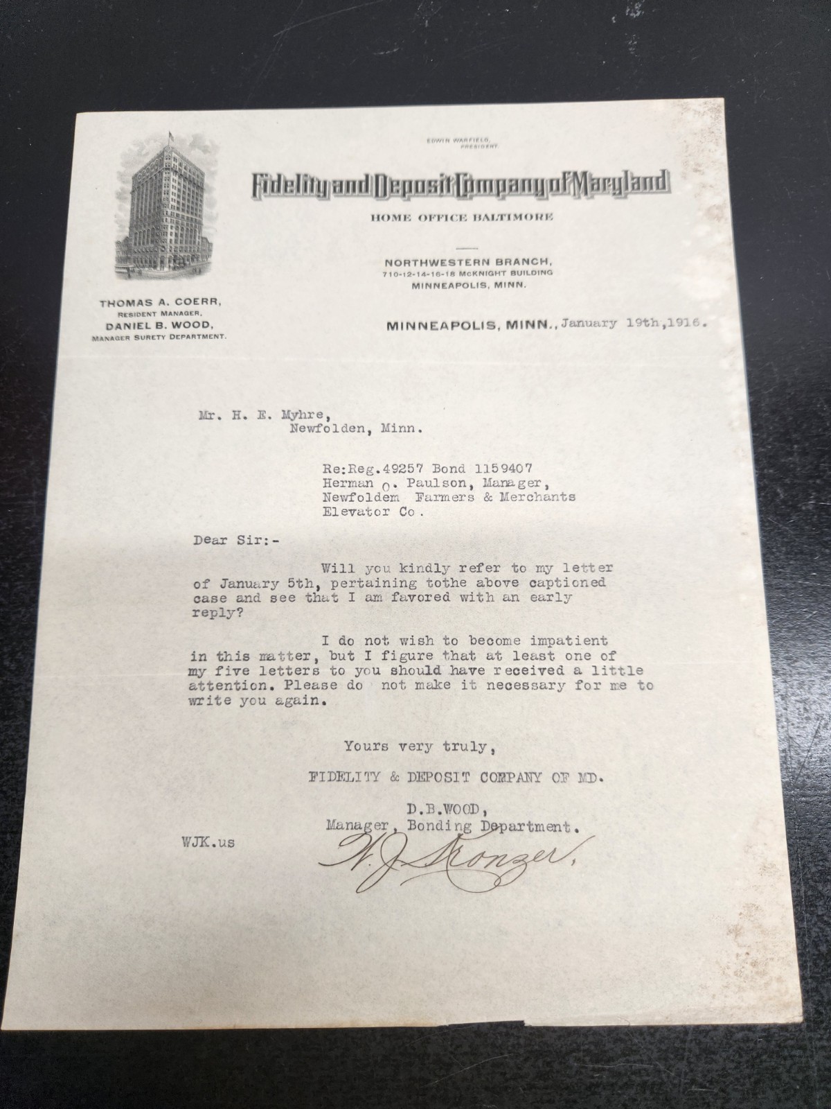 VTG 1911 Billhead Masthead of The First National Bank of Elmore Minnesota