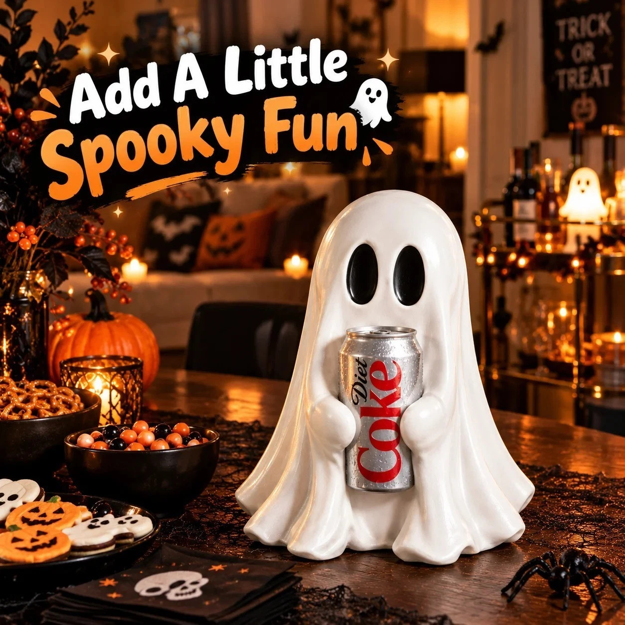 New COCA-COLA Ghost Figurine Holding Diet Coke Can Halloween No drinks