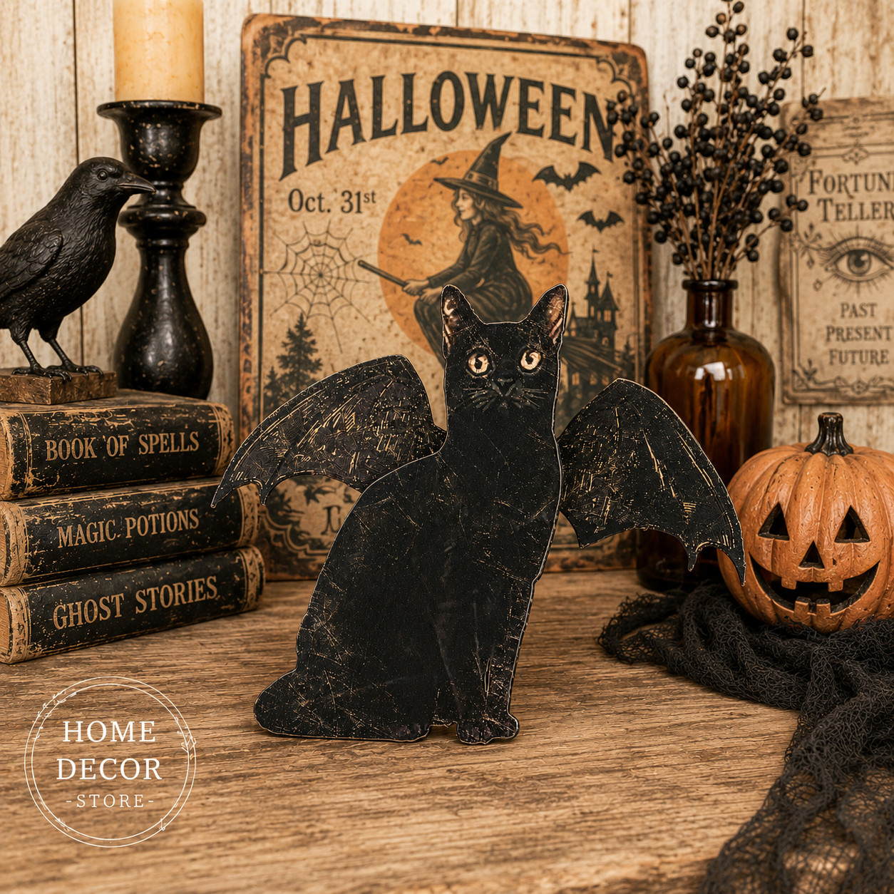 Primitives by Kathy Halloween Black Cat Bat Sitter Stand Up Sign Home Decor Fall