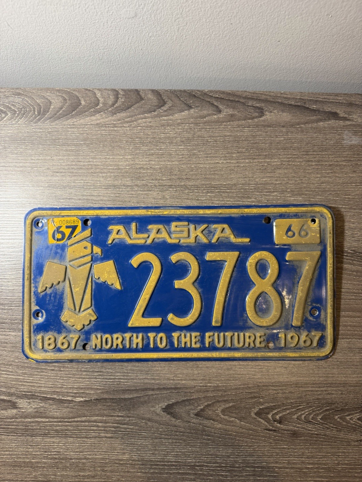 Vintage 1966 1967 Alaska Centennial License Plate Totem Pole Tag 23787 Blue