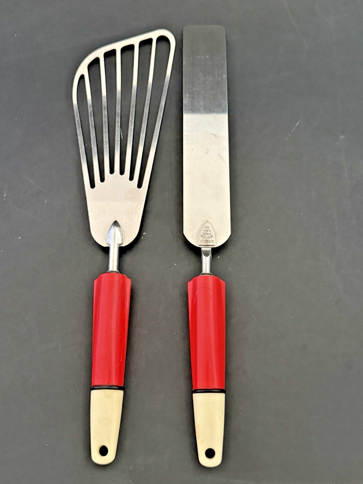 Vintage A&J Curved Batter Beater Spatula/Ecoline Spreader Red Plastic Handle USA
